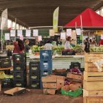 Pessoas fazem compras entre bancas de frutas e verduras em um mercado de São Paulo.