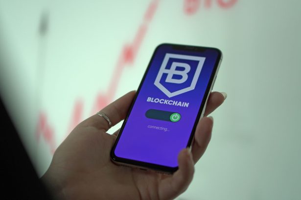 Mão segura um smartphone que exibe uma carteira digital de criptomoedas com interface de blockchain.
